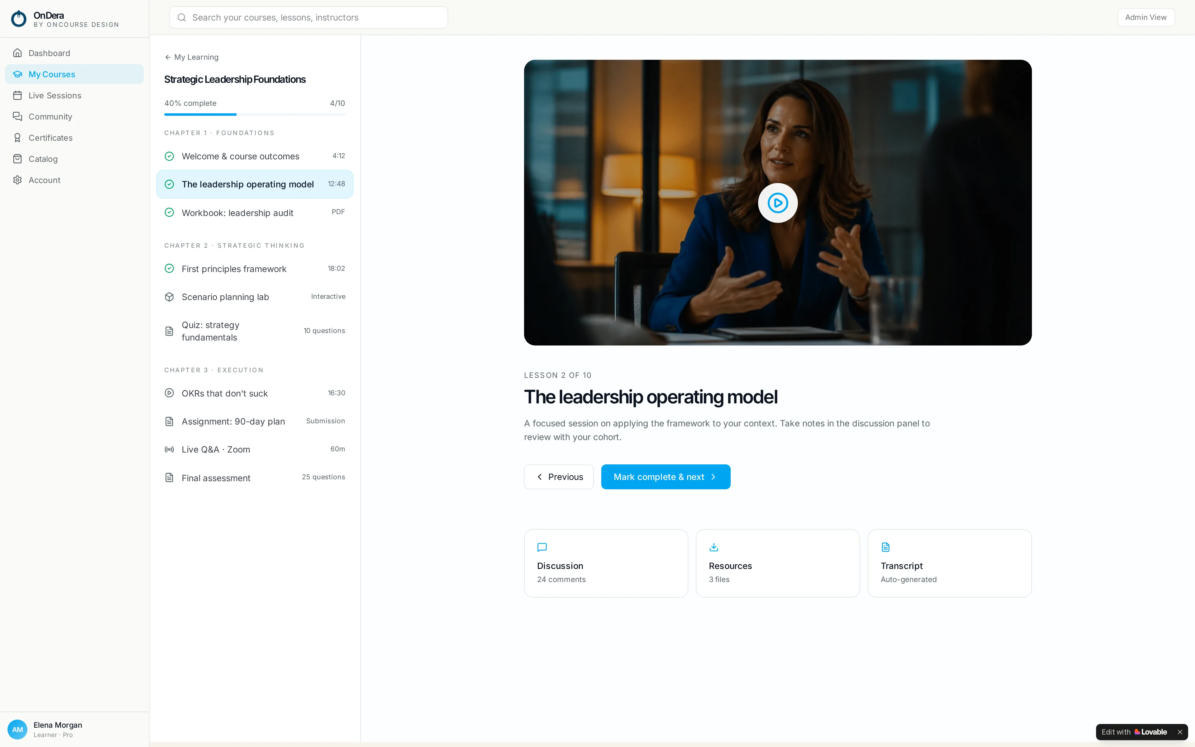 OnDera course lesson player with chapter navigation and video content