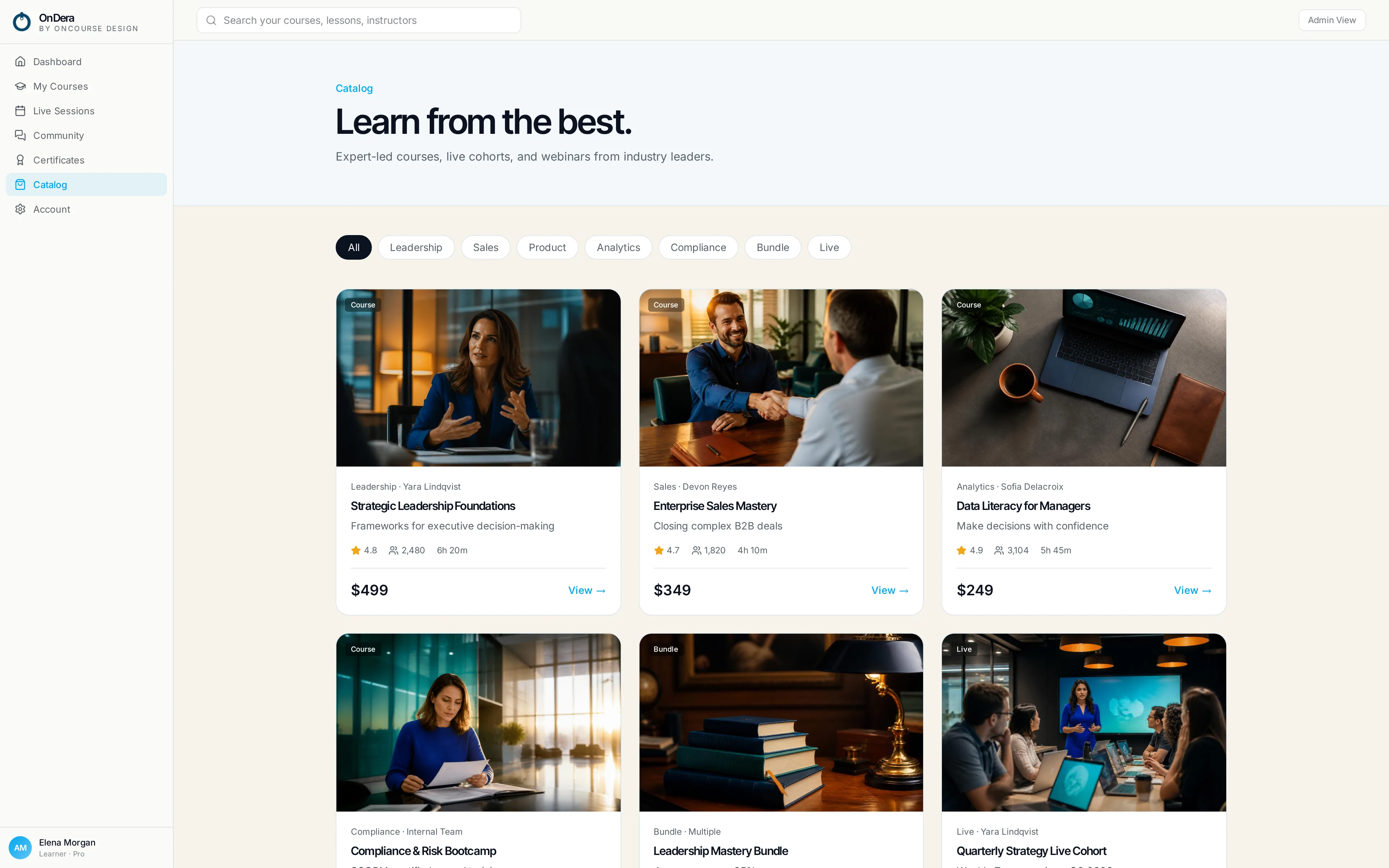 OnDera storefront catalog with courses, bundles, and live cohorts