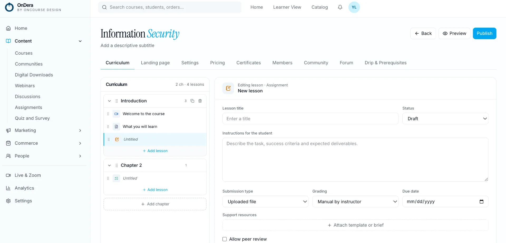 OnDera course builder with curriculum outline, lesson editor, and publish controls