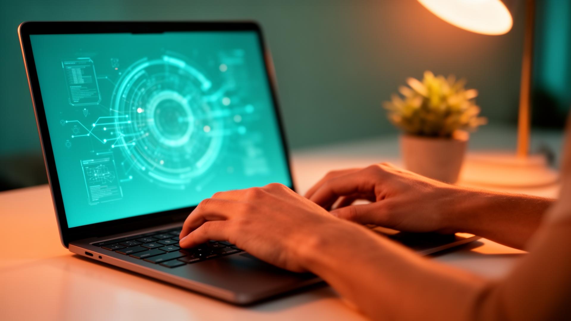 Hands typing on a laptop displaying an AI interface