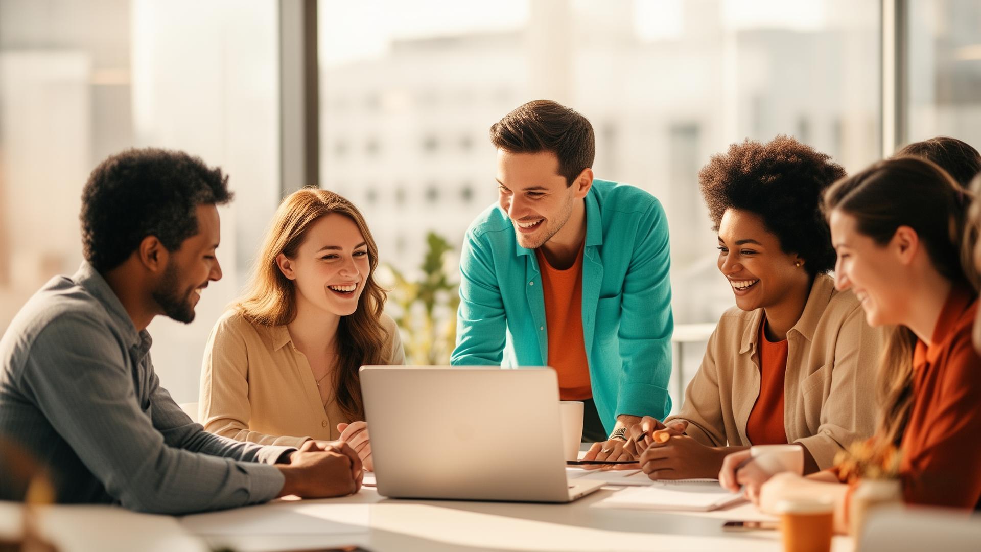 Diverse team collaborating around a laptop in a bright modern office